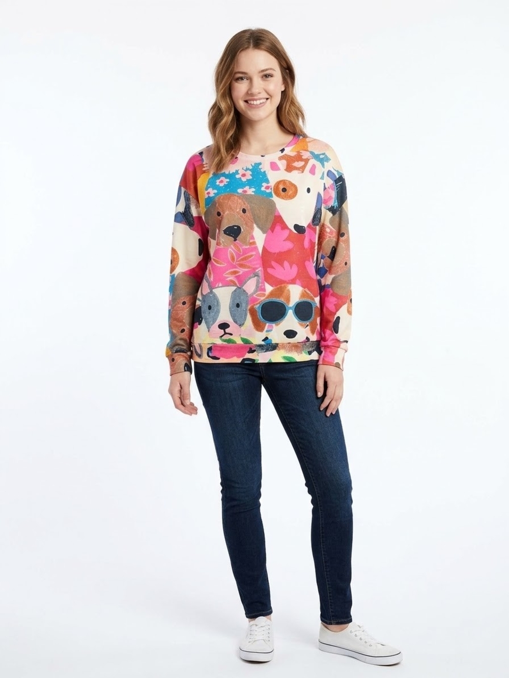 Amazon Women’s Colorful Dog Print Crewneck Sweater Size L EUC P2P 22in.